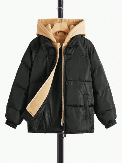 SHEIN Boys' Thick Warm Windproof Blue Hooded Long Sleeve -padded Jacket