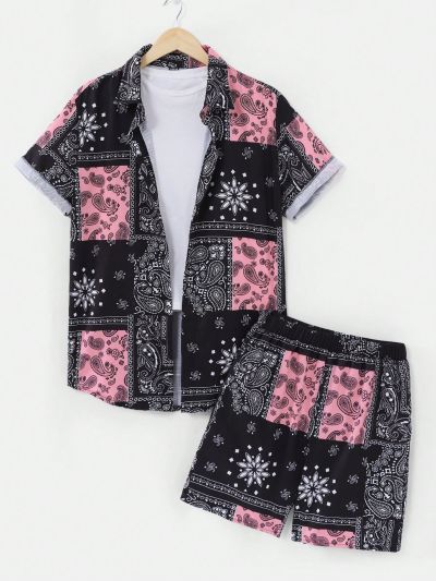 Teen Boy Paisley Floral Pattern Vintage Casual Short Sleeve Shirt And Shorts Set