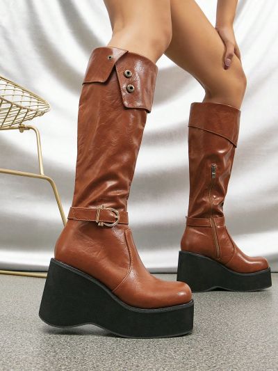 Western Cowgirl Knee High Platform Chunky Heel Riding Boots For Women