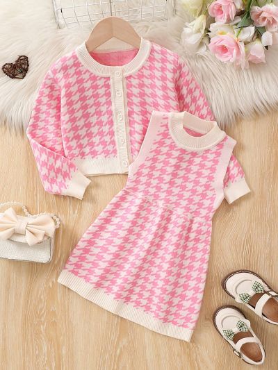 Baby Girl Houndstooth Sleeveless Sweater Dress And Button Up Cardigan Set