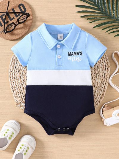 Stylish Casual Baby Boy Turn-Down Collar Colorblock Letter Print Bodysuit