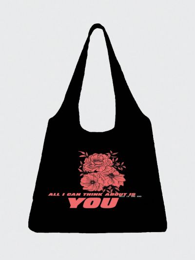 Cheerful Citrus X Reborn Entity Black Floral Pattern Tote Bag With Slogan Print