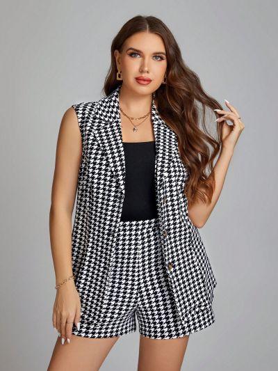 SHEIN Clasi Plus Houndstooth Print Vest Blazer & Shorts