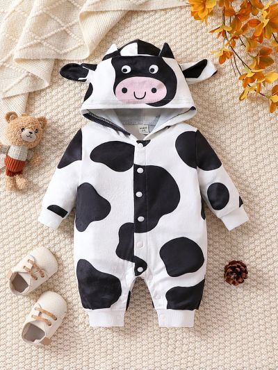 SHEIN Baby Boy Cow Print 3D Ear Design Button Front Hooded Jumpsuit