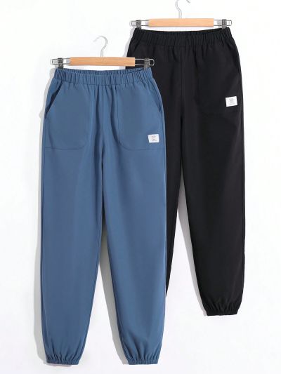 SHEIN 1pc Teen Boys' Casual Solid Color Weaving Elastic Cuff Long Pants With Patchwork Decoration, 2 Colors Available