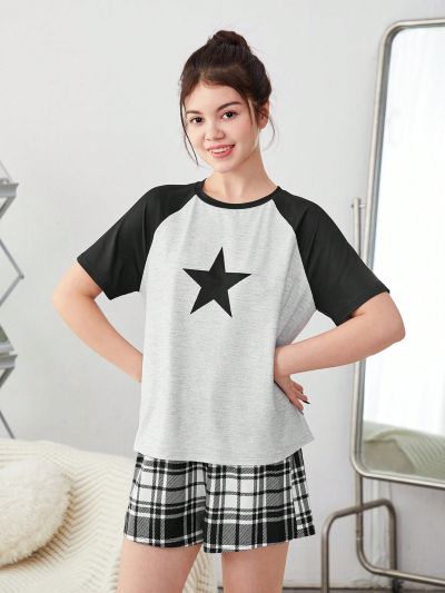 SHEIN Teen Girls' Knitted Color Block Raglan Sleeve Star Pattern Print T-Shirt And Plaid Shorts Home Wear Outfits