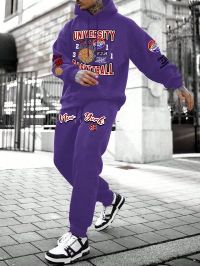 Men's Basketball Themed Hooded Sweatshirt And Pants Set With Drawstring And Letter Print