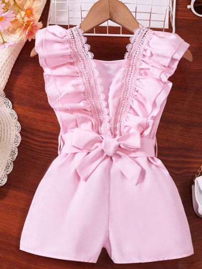 SHEIN Kids FANZEY Toddler Girls Guipure Lace Panel Ruffle Trim Romper