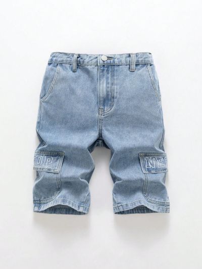 Boys' Light Washed Denim Shorts With Wide Fit, Embroidered Design And Buttoned Flap Pocket