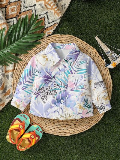Baby Boys' Beach Vacation Style Collar Jacket & Full Print Shirt Top Set With Cute, Casual, Cool And Street Style Plant Print, For Spring And Summer