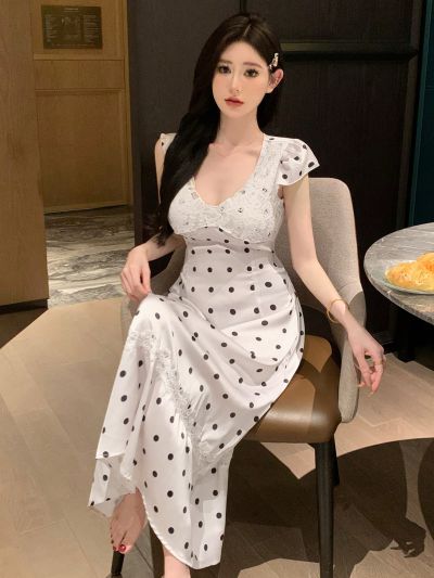 DAZY Women's Satin Polka Dot Pattern Sleep Dress With Lace Splice And Ruffle Hem