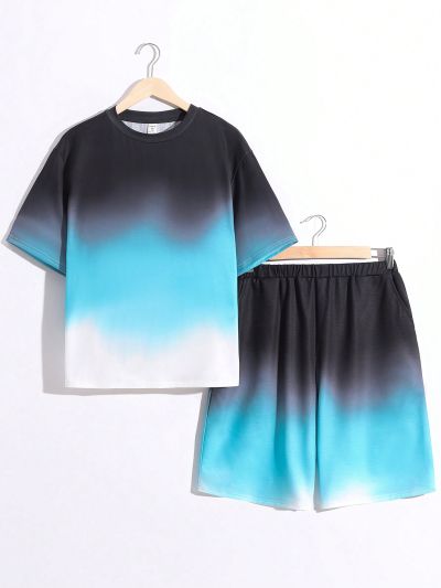 SHEIN Teen Boys' Casual Gradient Print Round Neck Pullover Short Sleeve Top And Shorts Knitted Sportswear 2pcs/Set