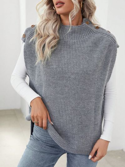 Button Decorated Stand Collar Sweater Vest