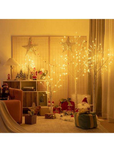Costway 6ft Pre-lit White Twig Birch Tree for Christmas Holiday w/96 LED Lights