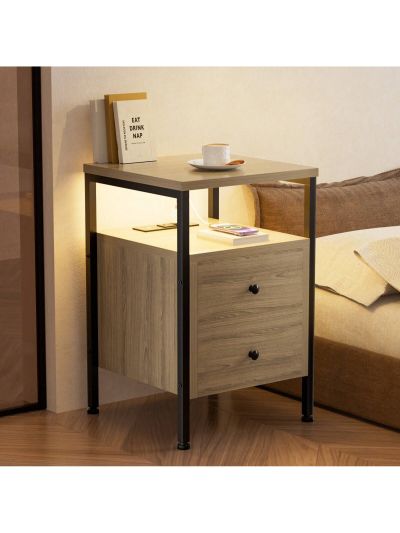 GINRGINR LED Nightstand Charging Station, Wood Nightstand with 2 Deep Drawers & Shelves,  Bed Side End Table for Bedroom & Living Room, Rustic Brown, Rustic Grey, 15.7"D x 15.7"W x 24"H