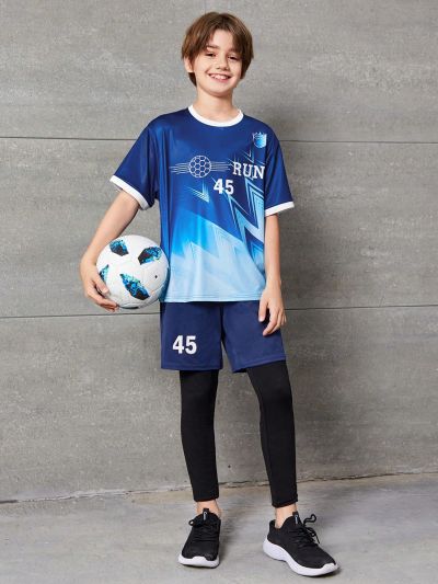 SHEIN Tween Boys' Casual Printed T-Shirt And Two-In-One Pants Sports Suit