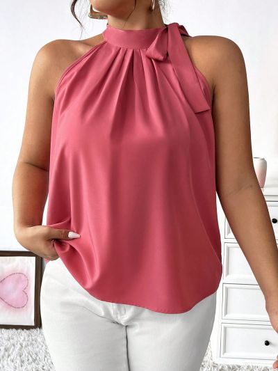 SHEIN SXY Tie Neck Stand Collar Pleated Sleeveless Top