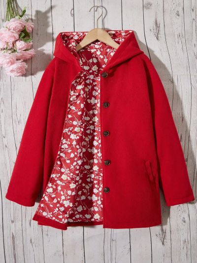 Teen Girls' Floral Print Red Hoodie With Long Sleeves
