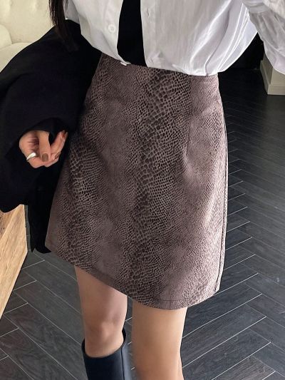 FRIFUL High Waisted Snake Print Skirt
