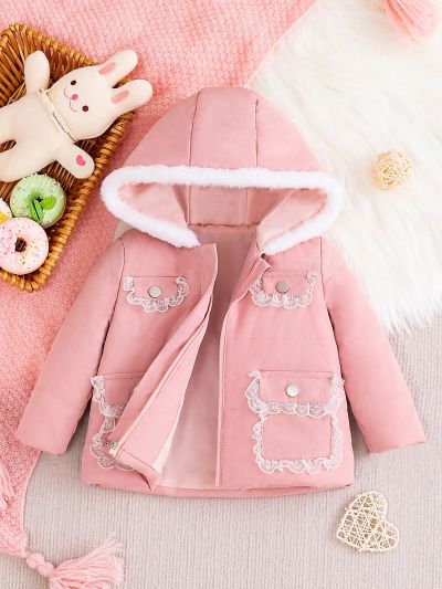 Baby Girls' Mid-Length Padded Coat With Lace Patchwork And Pockets