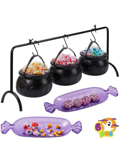 JOYIN 3 Witches Cauldron Serving Bowls, 2 Purple Candy Discs, a Black Metal Shelf with 3 Hooks, 6 PCS Halloween Party Decoration Set Black Plastic Candy Bucket Cauldron Bowls, for Halloween Outdoor and Indoor Decor