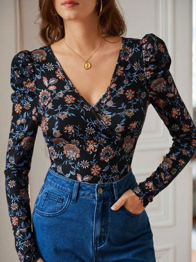SHEIN Frenchy Vintage Floral Print Bubble Sleeve Bodysuit