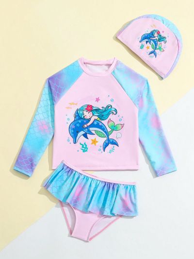 Little Girls' Mermaid & Shark Print Scale Pattern Patchwork Bikini Set