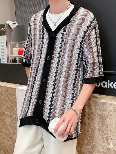 Men'S Color Block Striped Short Sleeve Knitted Top