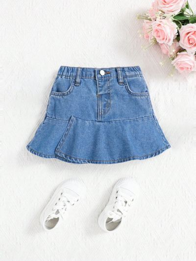 SHEIN Young Girls' Irregular Patchwork Denim Skirt With Ruffle Hem