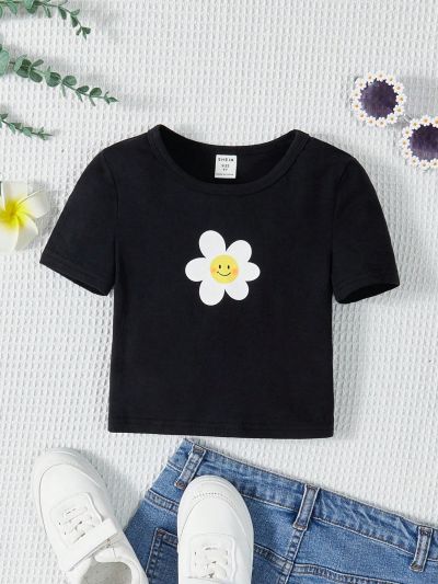 SHEIN Girls' Cute And Cool Knit Round Neck Short-sleeved Top For Everyday Wear