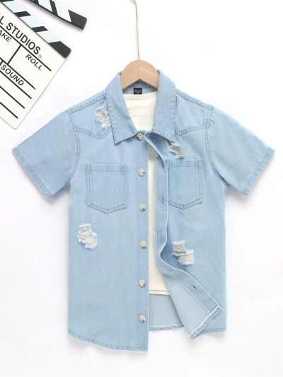 Boy's Casual And Basic Light Blue Washed Comfortable Denim Shirt With Distressed Detail