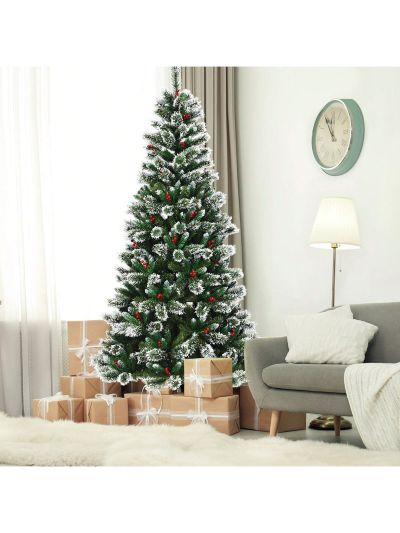 Gymax 8 FT Artificial Christmas Tree Snow Flocked Hinged Tree w/ Red Berries