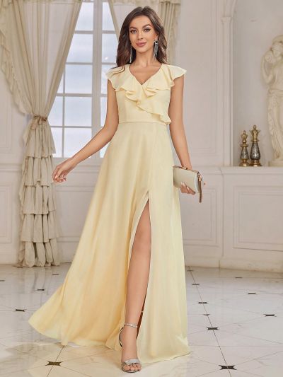 SHEIN Belle Adult V-neck Chiffon Bridesmaid Dress With Ruffle Edge