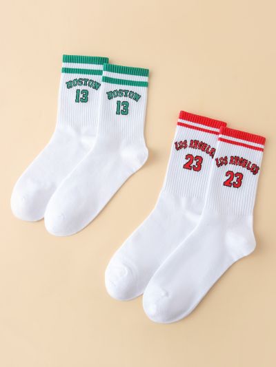 2pairs Striped & Letter Graphic Crew Socks