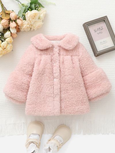 Baby Solid Bishop Sleeve Peter Pan Collar Teddy Coat