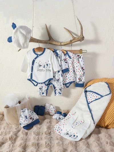 SHEIN Newborn Baby Boy Cartoon Graphic Contrast Binding Bodysuit & & Jumpsuit & Pants & Hat & Bib & Gloves & Blanket
