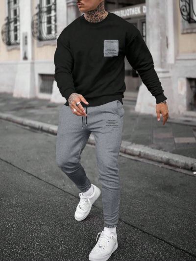 Manfinity Men's Colorblock Letter Print Sweatshirt And Joggers Two-piece Set