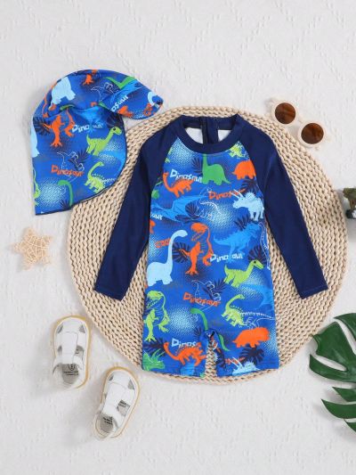 SHEIN Baby Boys' Cartoon Dinosaur Pattern Color Block Long Sleeve One-Piece Swimsuit