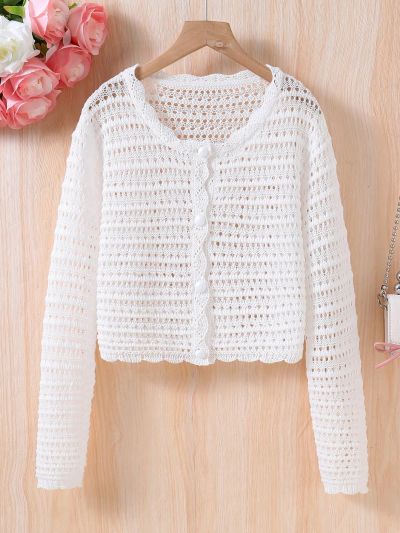 Teen Girls' Solid Color Hollow Out Knitted Cardigan