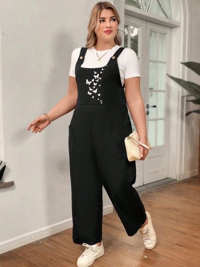 Plus Size Butterfly Print Overalls