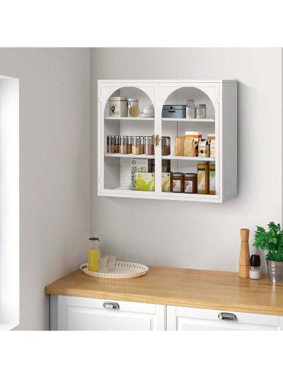 Stordge Cabient,27.56"Glass Doors Modern Two-door Wall Cabinet with Featuring Three-tier Storage for Entryway Living Room Bathroom Dining Room,Wall Cabinet with Characteristic Woven Pattern,White/Black