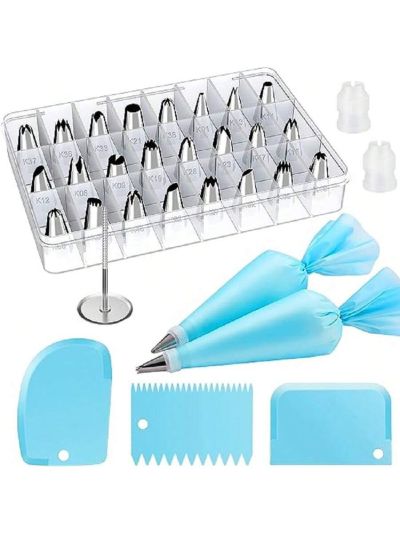 32-Piece Piping Bags and Tips Set with 24 Icing Piping Tips, 2 Reusable Pastry Bags 12 Inch, Reusable Piping Icing Bags and Tips, Cake Decorating Kit for Frosting Cookie, Cupcake