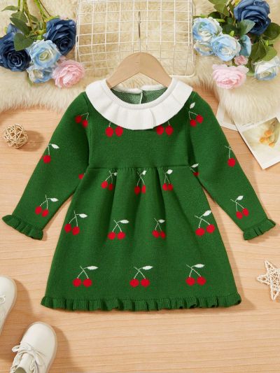 Baby Girls' Cherry Patterned Long Sleeve Cute Knitted Sweater Dress