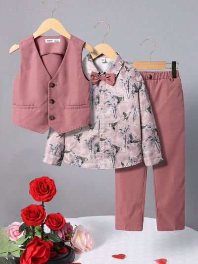 SHEIN Kids FANZEY Boys' Elegant Slim Fit Suit With Bow Tie Collar Shirt, Vest And Long Pants