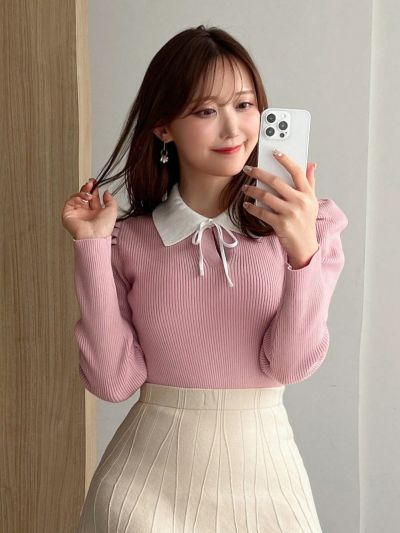 FRIFUL Women'S Contrast Color Collar Leg Of Mutton Sleeve Sweater