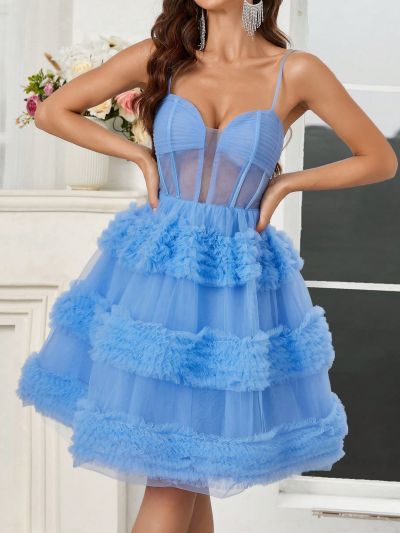 SHEIN Belle Layered Mesh Ruched Hem Lace Trim Spaghetti Strap Evening Party Prom Dress