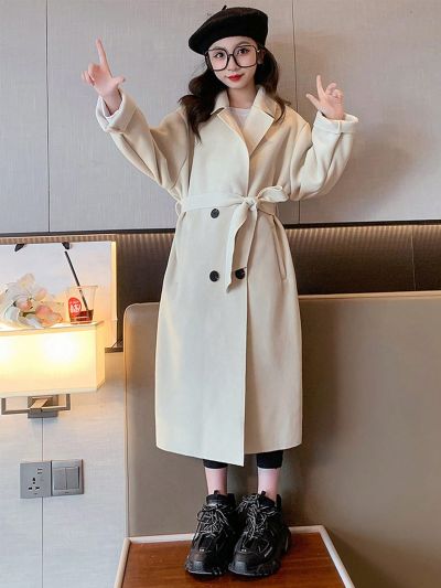 Tween Girl Double Breasted Belted Overcoat