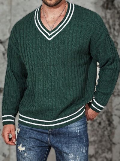 Extended Sizes Men Plus Striped Trim Drop Shoulder Cable Knit Sweater