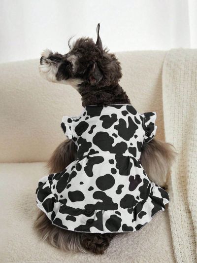 PETSIN 1pc Black And White Cow Pattern Pet Bubble Sleeve Dress, Princess Dress For Cats And Dogs