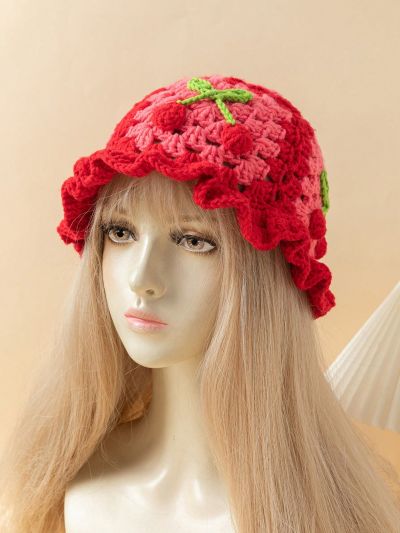 Y2k Fashion Crochet Cherry Knitted Bucket Hat